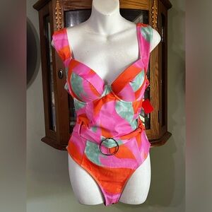 New Petal Dew Belted Underwire Retro Style One Piece Swimsuit Size XL